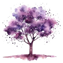 Purple Tree Isolated On White Background In Watercolor Style