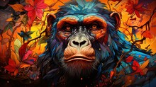  A Monkey With A Colorful Background And Leaves On It's Face.  Generative Ai