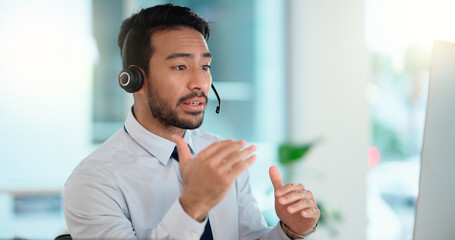 Poster - Call center agent consulting a buyer via video call in an office. A young friendly sales man talking to a client in a virtual meeting. A male customer service employee advising a consumer