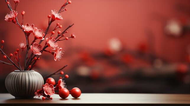 Chinese traditional red festival background with a chinese red plum blossom in the upper left corner of the background, lantern, spring festival,