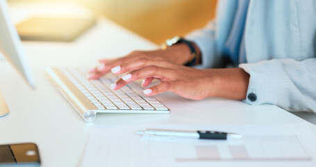 Leinwandbilder - Closeup of a womans hands typing on a keyboard while sitting at a desk and sending an email in an office. Financial advisor doing online research for a budget plan and communicating with clients