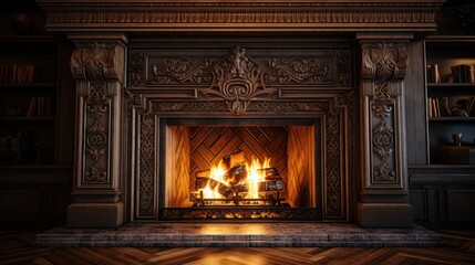 Wall Mural - Fire in fireplace, burning wood, flames on logs closeup