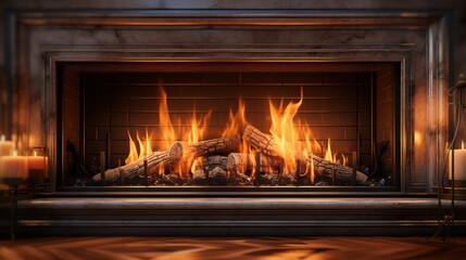 Wall Mural - Fire in fireplace, burning wood, flames on logs closeup