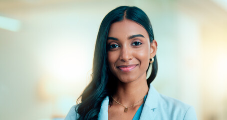 Sticker - Satisfied, confident entrepreneur doing an online training for a remote, distance job. Closeup face portrait of a successful business woman standing and smiling against a bokeh, copyspace background.