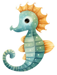 Wall Mural - Cute seahorse cartoon character, Hand drawn watercolor isolated.