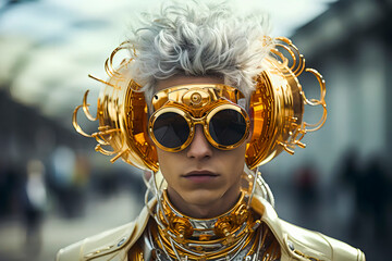 Poster - A young man stylish in futuristic glasses and headphones. The concept of cyberpunk and retro: the future of technology
