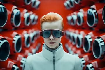 Poster - Young woman in white futuristic suit and fashionable hairstyle surrounded by retro future technology. The concept of gaming technologies