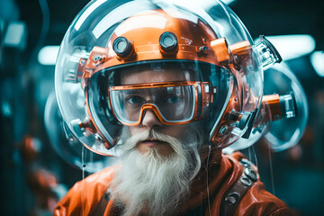 Poster - A man with a gray beard wearing a spaceship, a protective helmet and goggles. The concept of a computer virtual game of space technologies.
