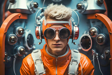 Poster - Retrofuturism is a young man in a spaceship wearing glasses, a helmet, and a suit. Retro style of technology.