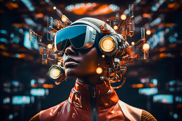 Poster - Young black stylish woman in vr glasses and headset with bright lights and technology of the future. Life in a futuristic metaverse.
