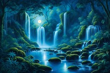 A Cascading Waterfall With A Big Banyan Tree In A Lush Jungle Beneath The Ethereal Blue Light Of The Moonlit Night Sky - AI Generative