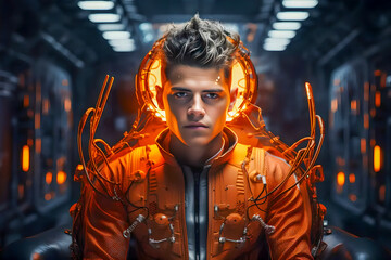 Poster - A young man of the future in a space or vr suit. The concept of current and future digital and robot technologies