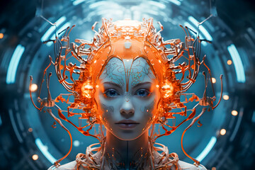 Poster - Surreal futuristic girl woman young bionics android robot in neon light