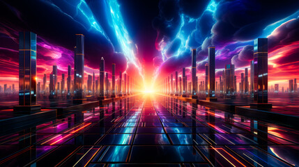 Poster - Futuristic cityscape with colorful sky and clouds.