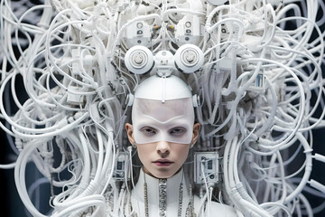 Poster - Young woman futuristic sci-fi cyborg robot with a huge amount of digital white equipment and gadgets
