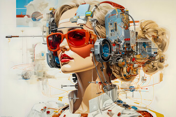 Poster - A young woman in futuristic computer digital virtual equipment on her head and red glasses. The Concept of the Future and Communication Technologies
