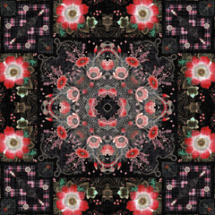 Wall Mural - Boho folkloric flower pattern with a gypsy retro style. Repeatable vintage cloth effect print in black and red gothic fashion colors.