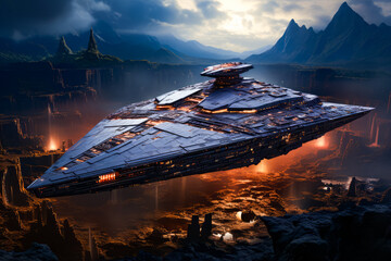 Wall Mural - Sci - fi ship floating in the air with mountains in the background.