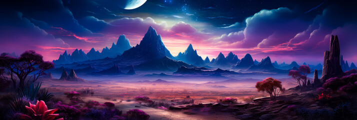 Canvas Print - Image of desert with mountains and moon in the sky.