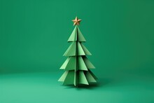 Origami Green Christmas Fir Tree On Green Plain Background. Paper Craft Minimal Winter Holiday Concept. Copy Space, Greeting Card