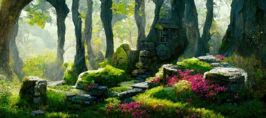 Wall Mural - Mystical woodland forest in Autumn with remnants of old druid buildings in ruin. Enchanted magic forest, ancient trees, colorful flowers, peaceful dreamy fairytale fantasy wonderland, generative ai