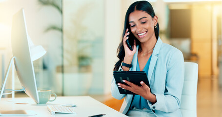 Sticker - Happy manager talking on a phone in modern office, booking appointment or arranging a meeting on tablet. Young, carefree professional female talking to a client while responding to emails