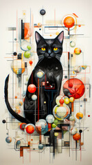 Poster - Image of black cat surrounded by circles and circles.