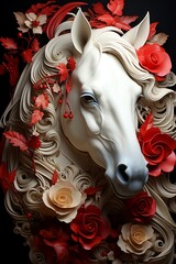 Poster - White horse surrounded by red and white flowers and leaves.