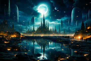 Wall Mural - Fantasy scene with castle in the middle of the night.