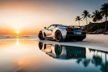 Wall Mural - An exotic supercar parked in front of a stunning sunset on a beautiful with palm trees beach generated by AI tool