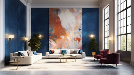 An empty wall in a blue, navy, and white living room lounge. A space with vivid colors and marble flooring. modelled art room