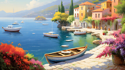 Experience the charm of the Mediterranean landscape with this enchanting image. Quaint fishing villages with colorful boats nestle against rugged cliffs, framed by an endless expanse of blue sky and s