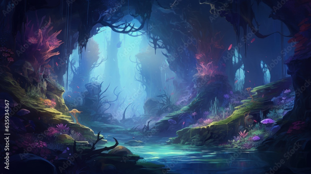 Futuristic wilderness at night, where bioluminescent plants and neon ...