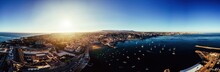 Aerial drone panoramic view of sunset at Cascais Bay, in the Lisbon region of the Portuguese Riveira