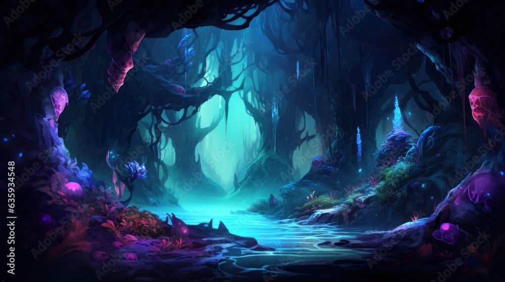 Futuristic wilderness at night, where bioluminescent plants and neon ...