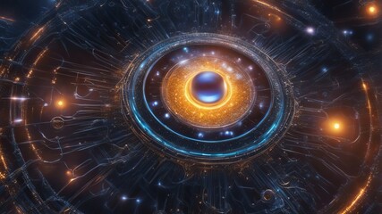 Wall Mural - abstract art concept of the quantum world, a quantum nucleus with surrounding energy and micro cosmi