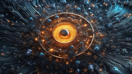 Wall Mural - abstract art concept of the quantum world, an energetic quantum nucleus that is connected to other q