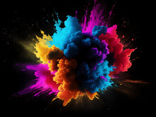 Holi Paint Rainbow Multi Colored Powder Explosion On Black Background. Abstract 3d Explosion Wallpaper Generated Ai