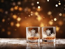 Winter Banner Mockup With Two Glasses Of Whiskey On The Table With Blurred Christmas Lights Garlands In The Background. Empty Space For Product Placement Or Promotional Text.