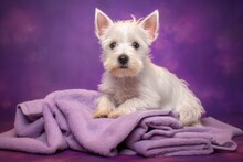 After Bathing, A West Highland White Terrier Puppy On A Purple Backdrop. A Lavender Towel Is Wrapped Around A Puppy. Pet Grooming Idea. Space Has Been Copied. Text Placement