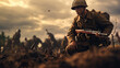 World War 2 solider on the battlefield. Concept of Historical conflict, wartime heroism, battlefield scene, soldier's duty, World War II, combat experience, wartime courage.