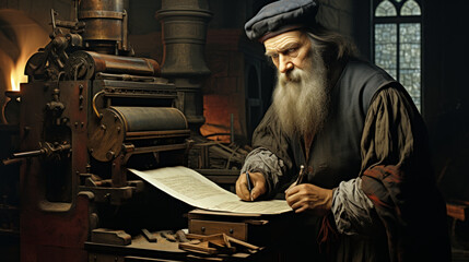 Gutenberg and the Printing Press: A Technological Innovation: A photo of Gutenberg and his printing press, a revolutionary technology that changed the way information was disseminated.