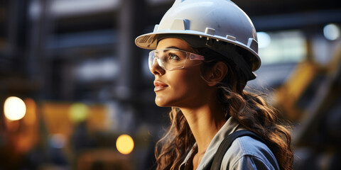 Poster - woman engineer in hard hat and glasses on construction site: a woman engineer works on a constructio