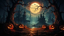 Spooky Night With Pumpkins In Graveyard - Halloween Background .