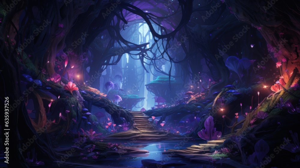 Futuristic wilderness at night, where bioluminescent plants and neon ...