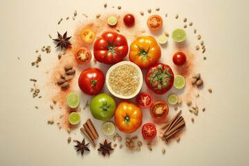 Wall Mural - a top view of a white backgrounded composition including tomatoes and spices