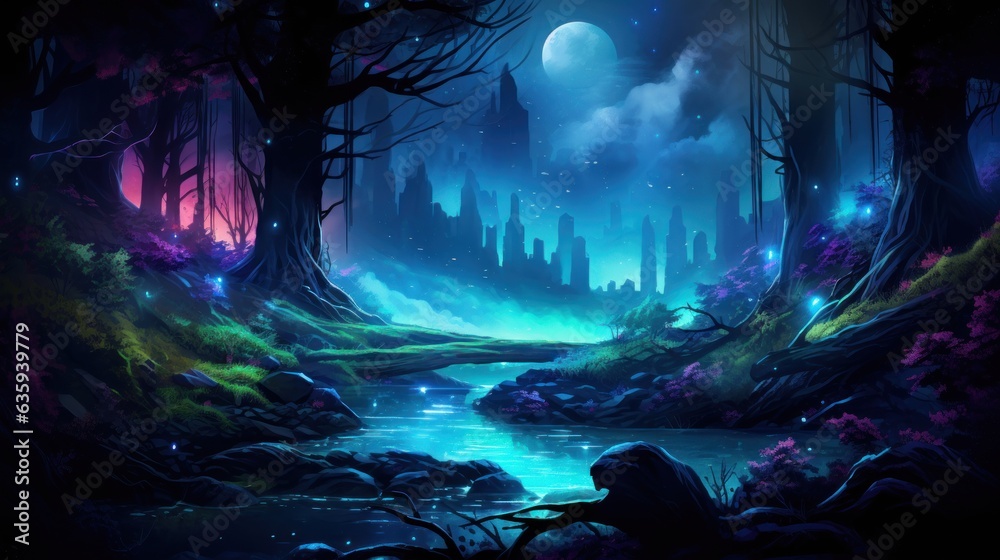 Futuristic wilderness at night, where bioluminescent plants and neon ...