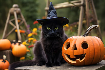 Black cat wearing witch hat sitting near jack o lantern pumpkin. Halloween background. 