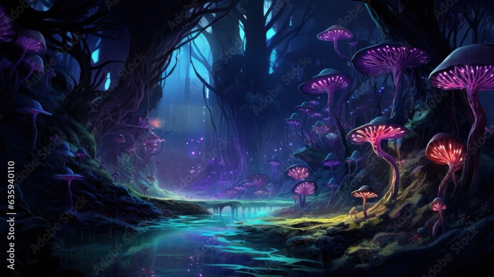 Futuristic wilderness at night, where bioluminescent plants and neon ...