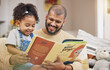 © Wesley/peopleimages.com - Dad, girl and book on sofa with bonding, smile and love in storytelling in living room together. Happiness, father and daughter reading story on couch for fantasy, learning and education in home fun.